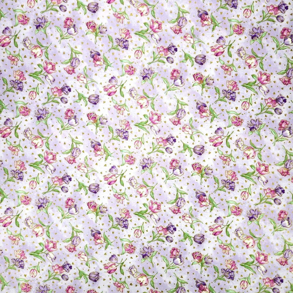 Lilac Cotton Tulip Garden Fabric by Ro Gregg, Fabric Remnant 67×41 In.